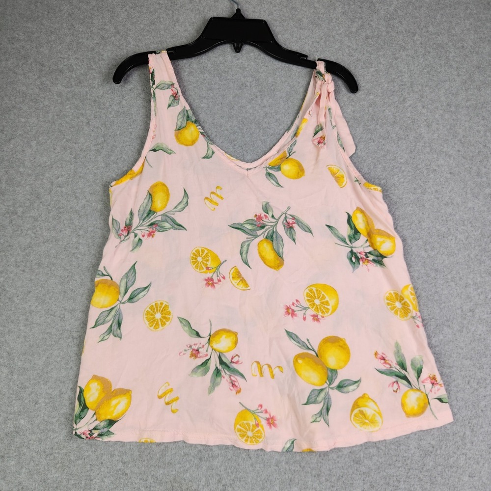 Flora by Flora Nikrooz Tank Top Womens Small Pink Lemon Print Tie‎ Strap V-Neck
